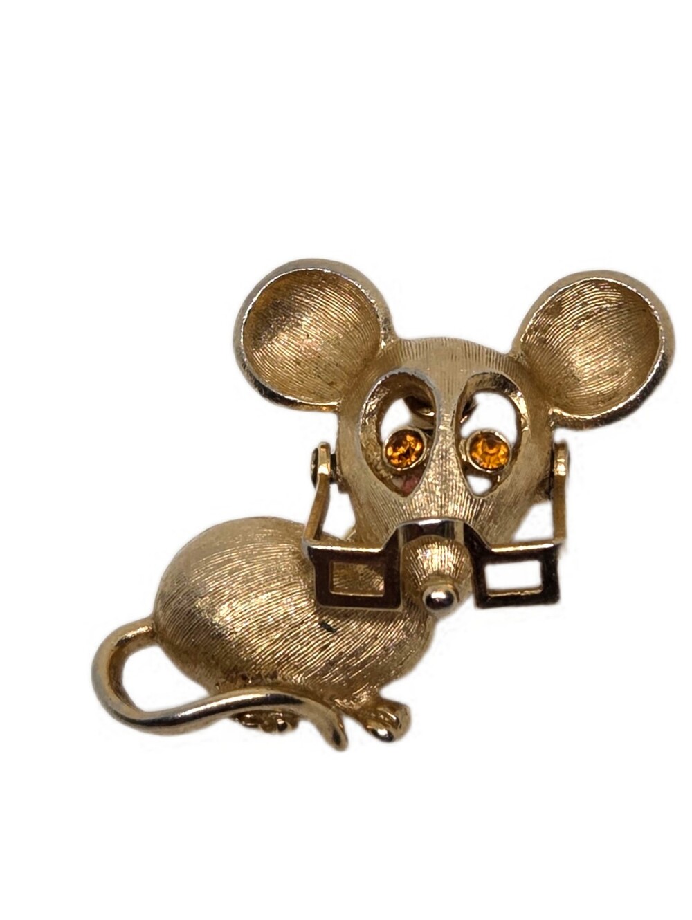 Vintage 1970s Tiny Avon Gold Tone Mouse Brooch with Amber Rhinestone Eyes